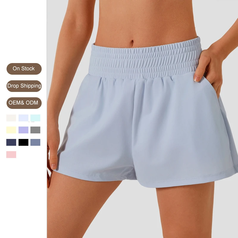 Hot Selling Women Summer Breathable 2 in 1 Inner Drawstring Sports Shorts Side Pockets Lightweight Quick Dry Yoga Fitness Shorts