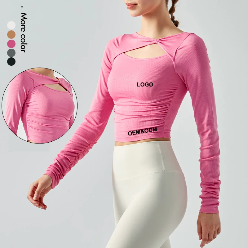 Women's Lightweight Seamless Long Sleeve Yoga Tops Sexy Slim Fit Quick Dry Ribbed Dancing Tops Plus Size Hollowed Neck Design