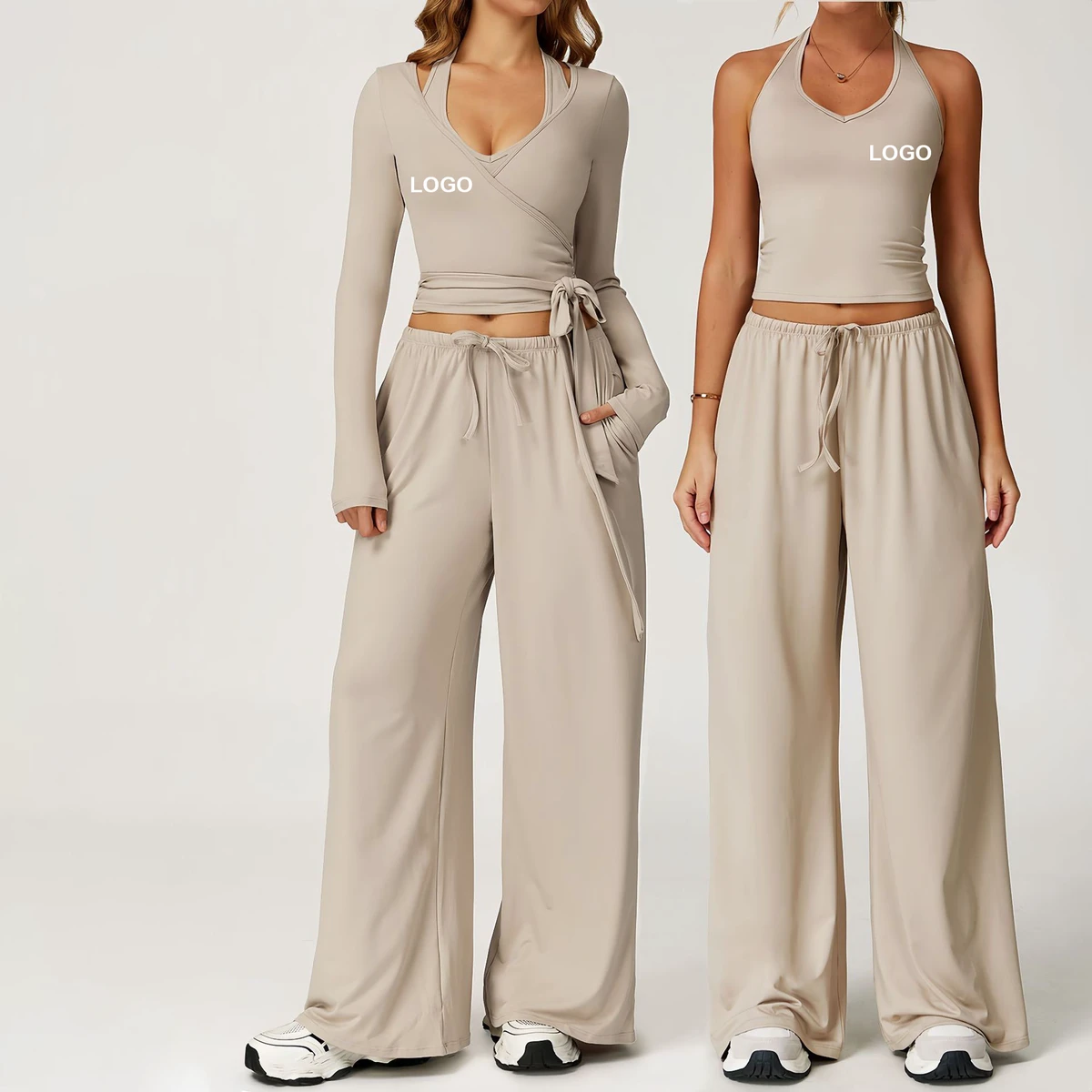 Women's Solid Color Quick Dry Breathable Yoga Backless Camisole Wide Leg Pants Lace-Up Cover-Up Top Running Fitness 3 Piece Suit