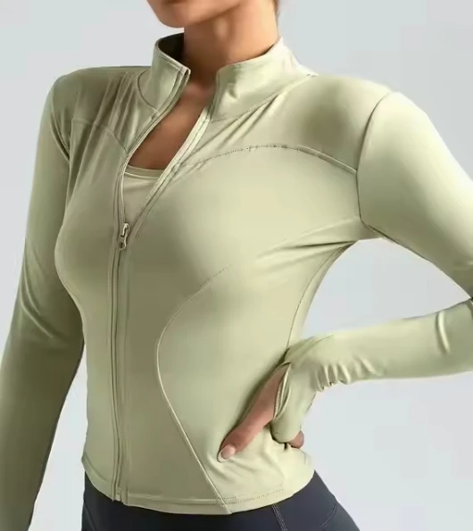 Women's Lightweight Solid Color Long-sleeved Stretch-zipper Running Jacket Thumb Hole Slim High-neck Yoga Top Sportswear