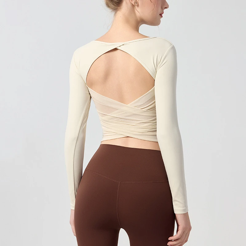 Lightweight Breathable Mesh Panel Yoga Top with Built-in Bra Four-Way Stretch Long Sleeve Hollow Back Women's Sports Shirt