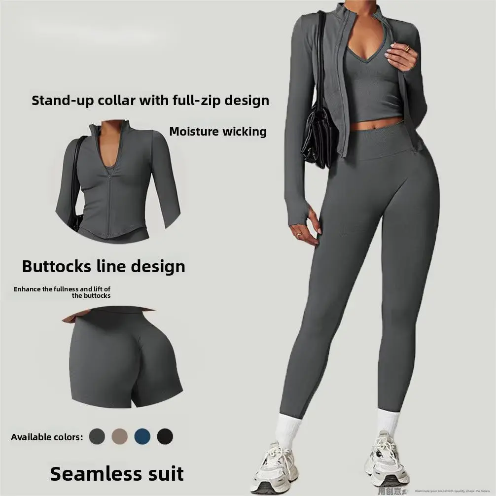 European Style Vertical Collar Zipper Long-sleeved Yoga Jacket Women's Slim-fit Quick-drying Wrinkle-resistant Spandex/Nylon Set
