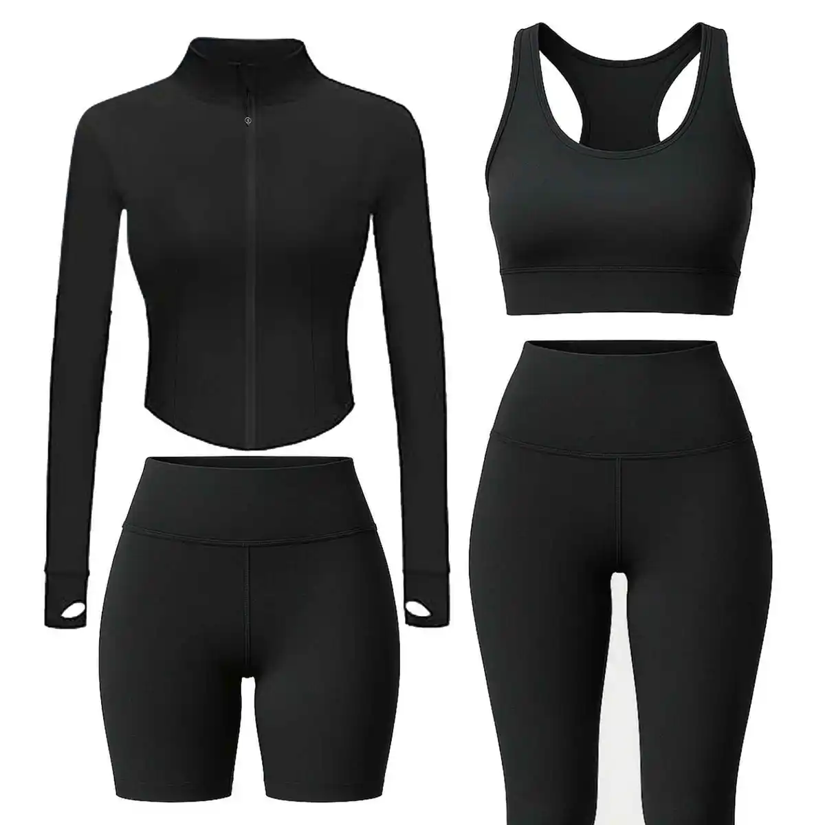 Women's Plus Size 4-Piece Yoga Set Solid Pattern Activewear Breathable Gym Fitness Bra Leggings Shorts Elastic High Waist