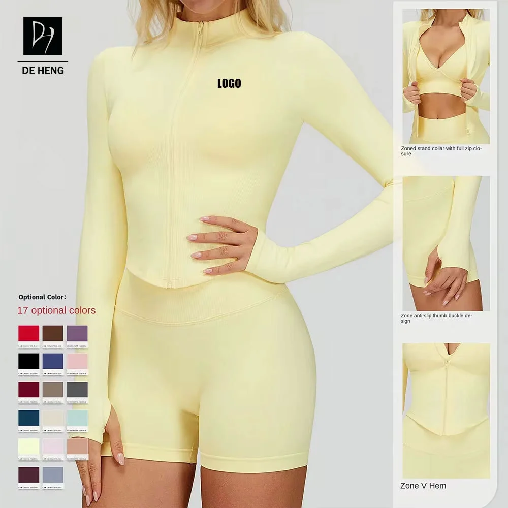 New Wholesale Custom Logo Women Zip-Up Yoga Jacket Athletic Tight Stand Collar Long-Sleeved Top Slim Fit Workout Yoga Top