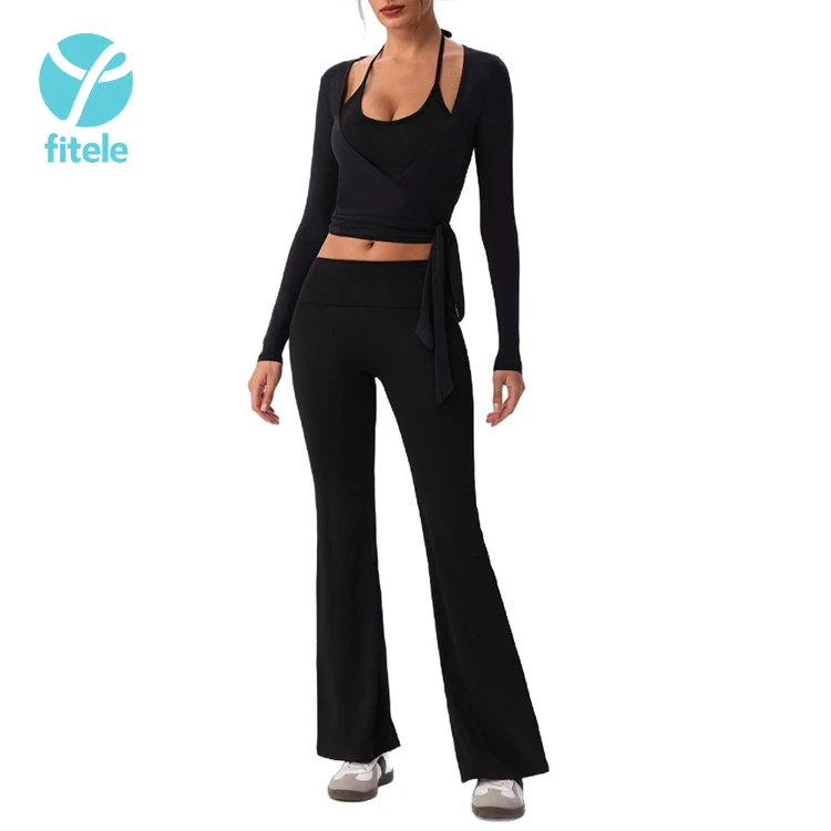 Custom Logo Solid Breathable Seamless Tank Top Sports Bra Wide Leg Pants Yoga Casual Sports 2 Piece High Waist Workout Set Women