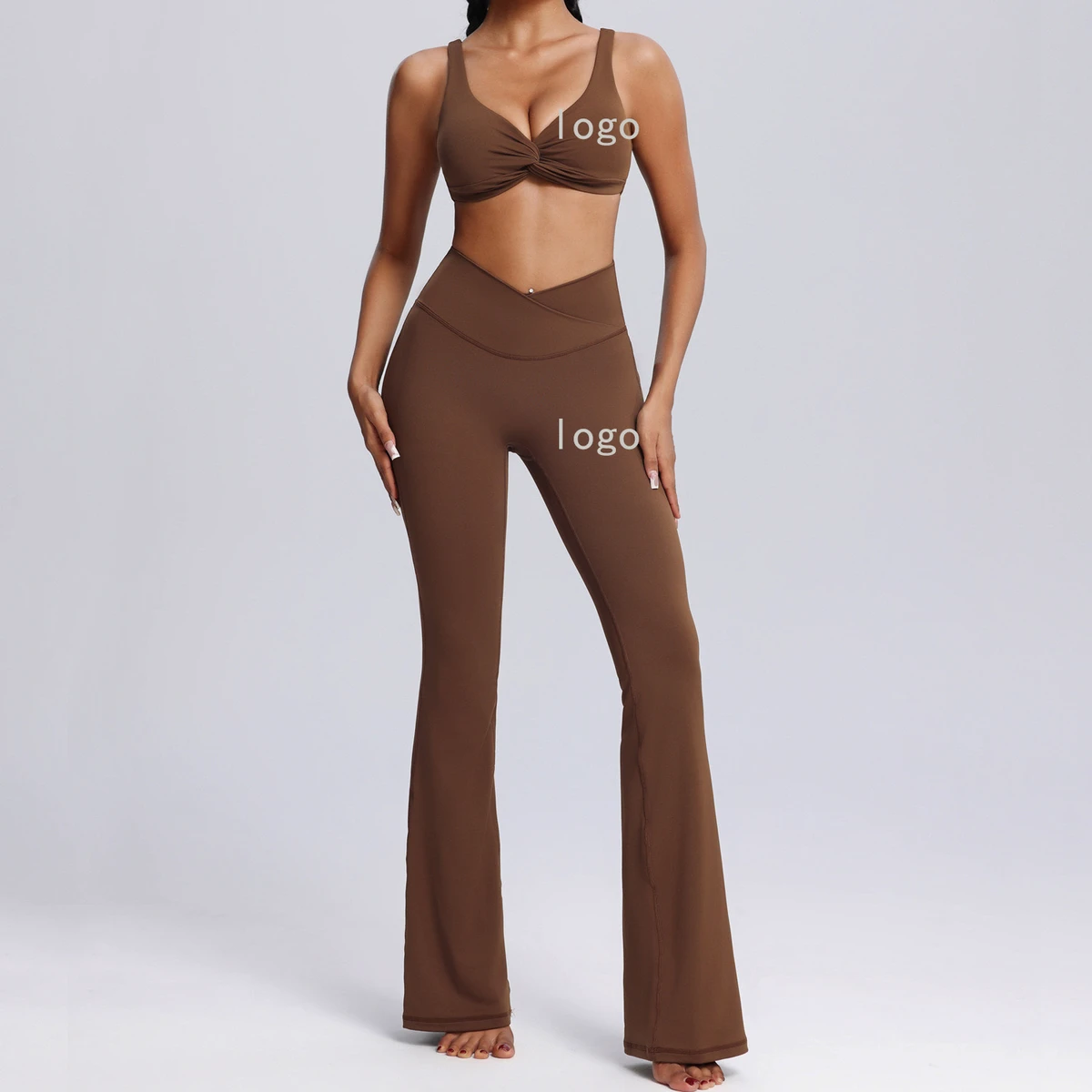 Yoga Set Nude Bell-Bottom Sports Bra and Leggings High Elastic Two-Piece Set with Breathable Solid Pattern Customizable Logo