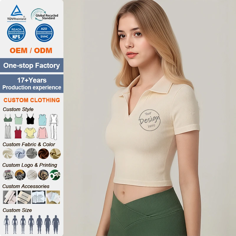 High Quality Breathable Lightweight V-neck Ribbed Short Sleeved Active Stretch Seamless Skinny Fit Women's Fitness Yoga Top