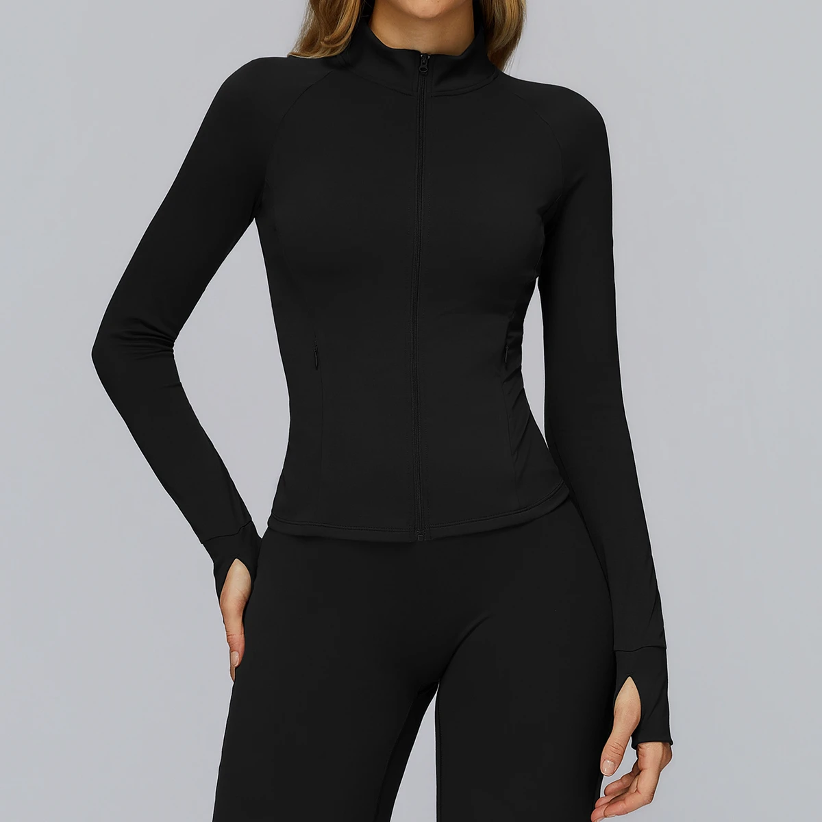 Brushed Yoga Jacket Long Sleeve Zipper Pocket Tight Top Outdoor Sports Running Fitness Clothes Women