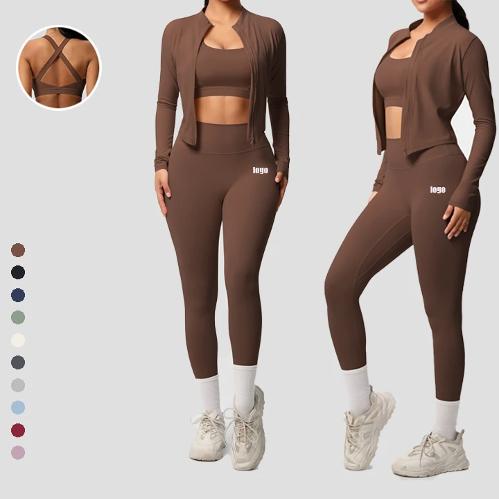 Custom Logo Slim Fit Quick Dry Active Wear 3 Piece Yoga Set for Women Long Sleeve Yoga Set