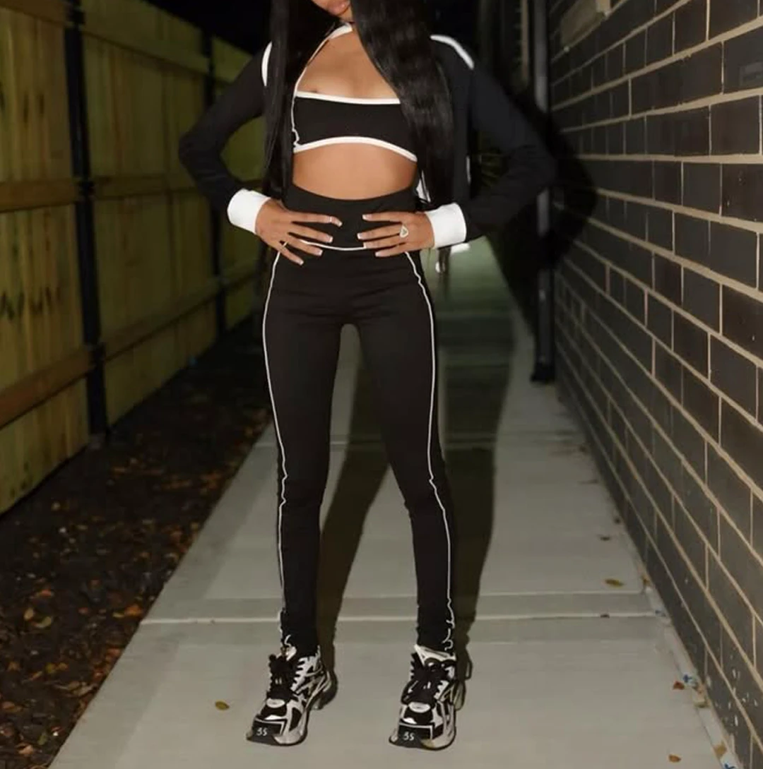Custom Women 3 Piece Gym Set Zip up Cropped Jacket Spaghetti Strap Top High Waisted Leggings Workout Fitness Yoga Wear Tracksuit