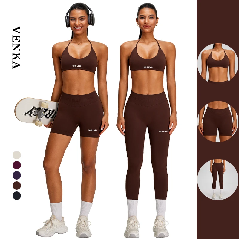 Spring New Seamless Quick Dry Workout Suit Halter Knotted Low-cut Bra High Waist Butt Lift Leggings Women Yoga Three Piece Set