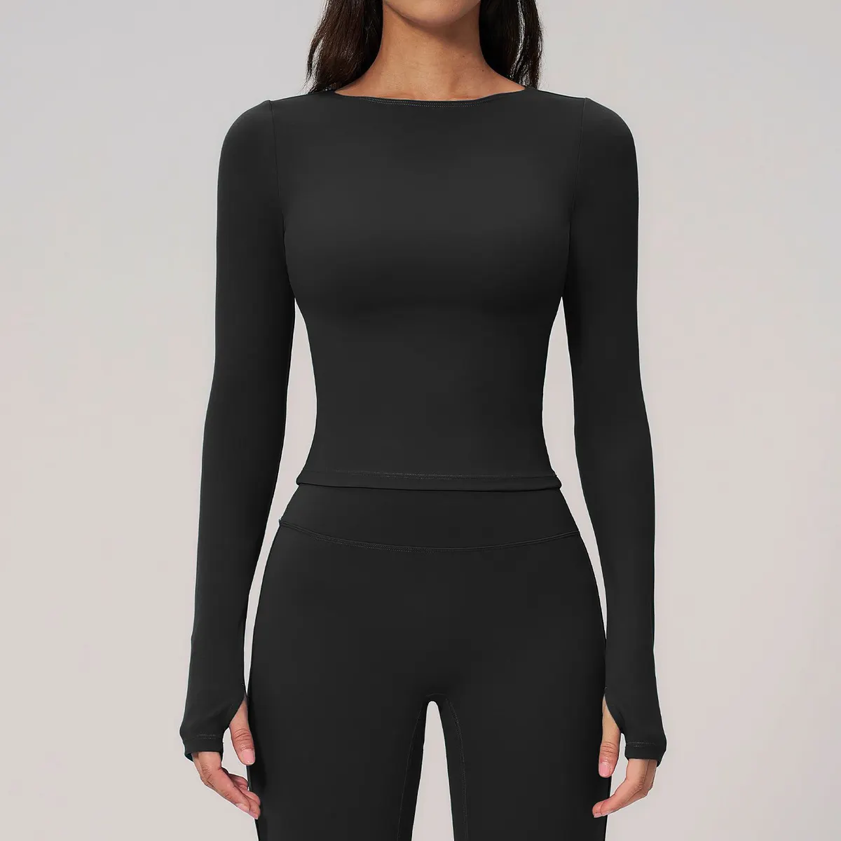 Women's Lightweight Sports Long-Sleeved Slim-Fit Yoga Top Crewneck Breathable Front Print Seamless Solid