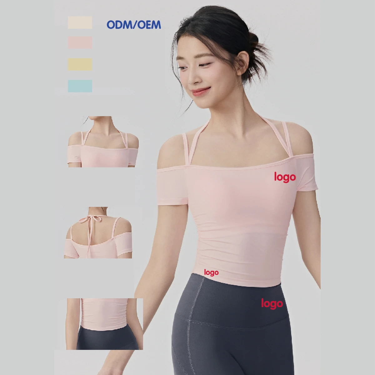 OEM Manufacturer Womens With Pads Off Shoulder Halter Neck Tie Detail Flattering Fit Pilates Yoga Short Sleeve Top for Fitness