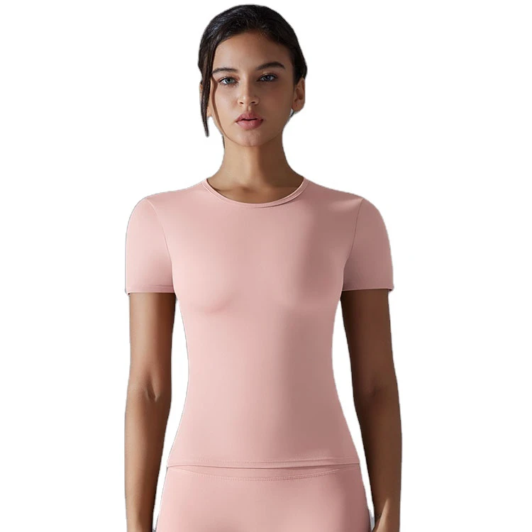 Wholesale High Quality Slim Fitted Women Training Gym Workout Breathable Nude Feeling Elastic Solid Color Yoga T-Shirts Top