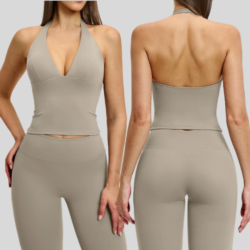 High-elasticity Breathable Shockproof V-neck Halter Print Yoga Vest Outdoor Backless Fitness Sports Top for Women