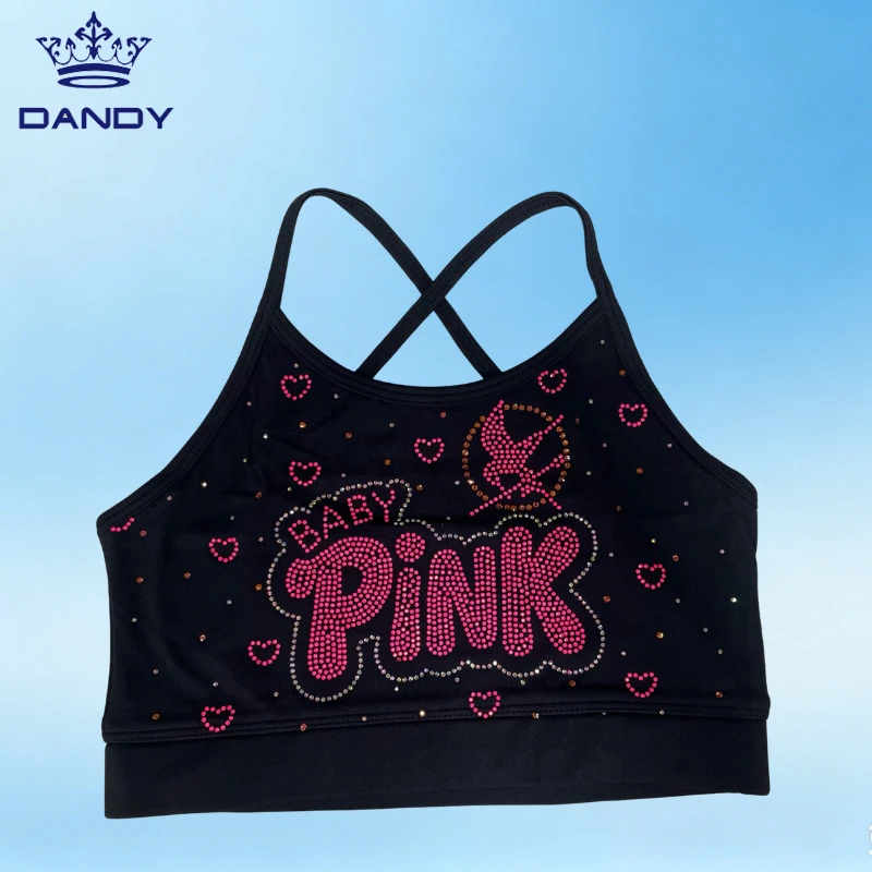 Custom Black Cross Back Sports Bra With Green Apple Rhinestone Logo Breathable Cheerleading Training Top For Girls And Women