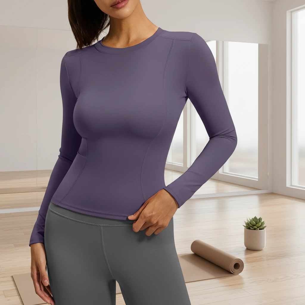 Women's Lightweight Advanced Sports Long-Sleeved Slim-Fit Yoga Top Crewneck Breathable Front Print Seamless Solid