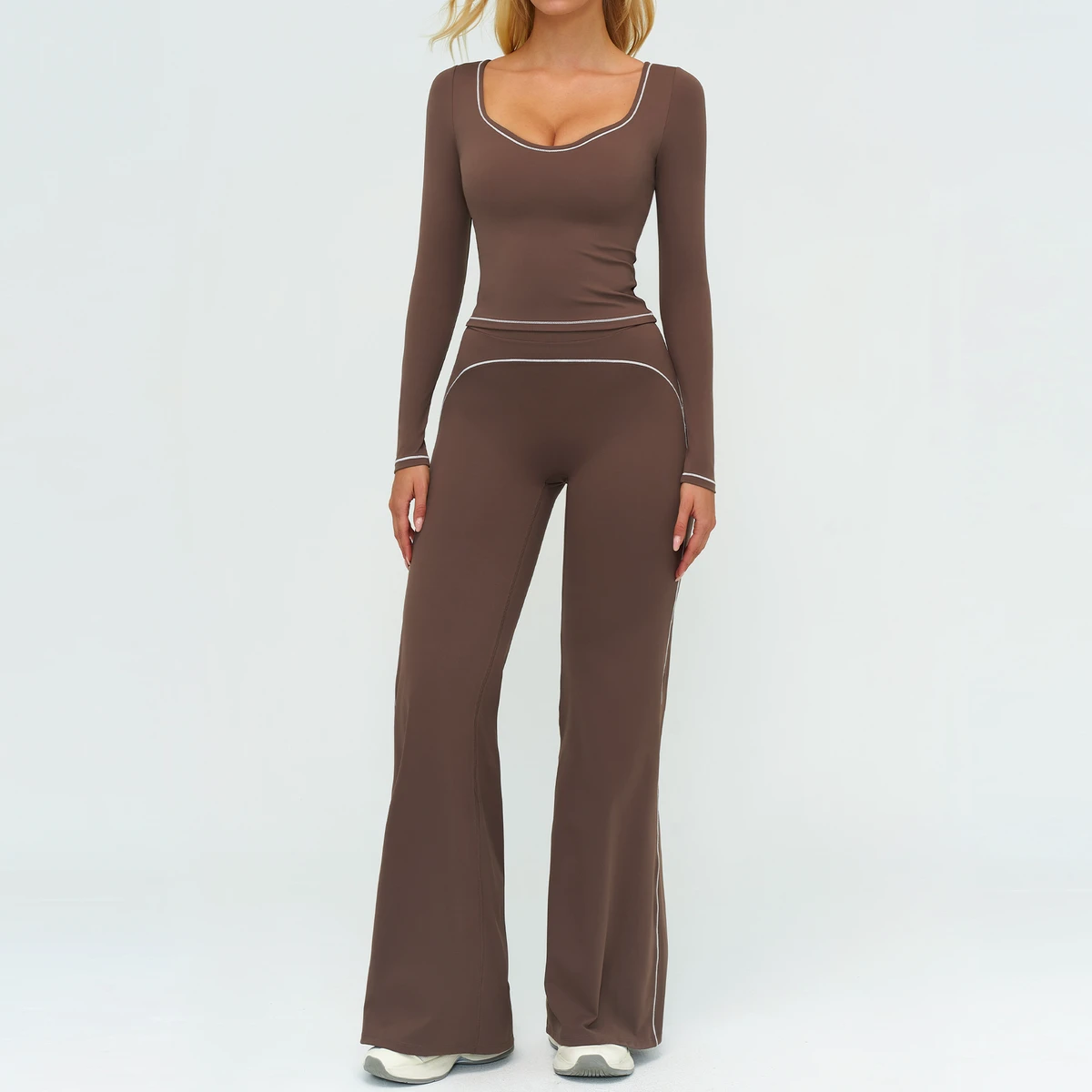 Women's 3-Piece Breathable Yoga Sportswear Set with Long Sleeve Tops Flared Leg Shorts & Elastic Waist Custom Logo Factory