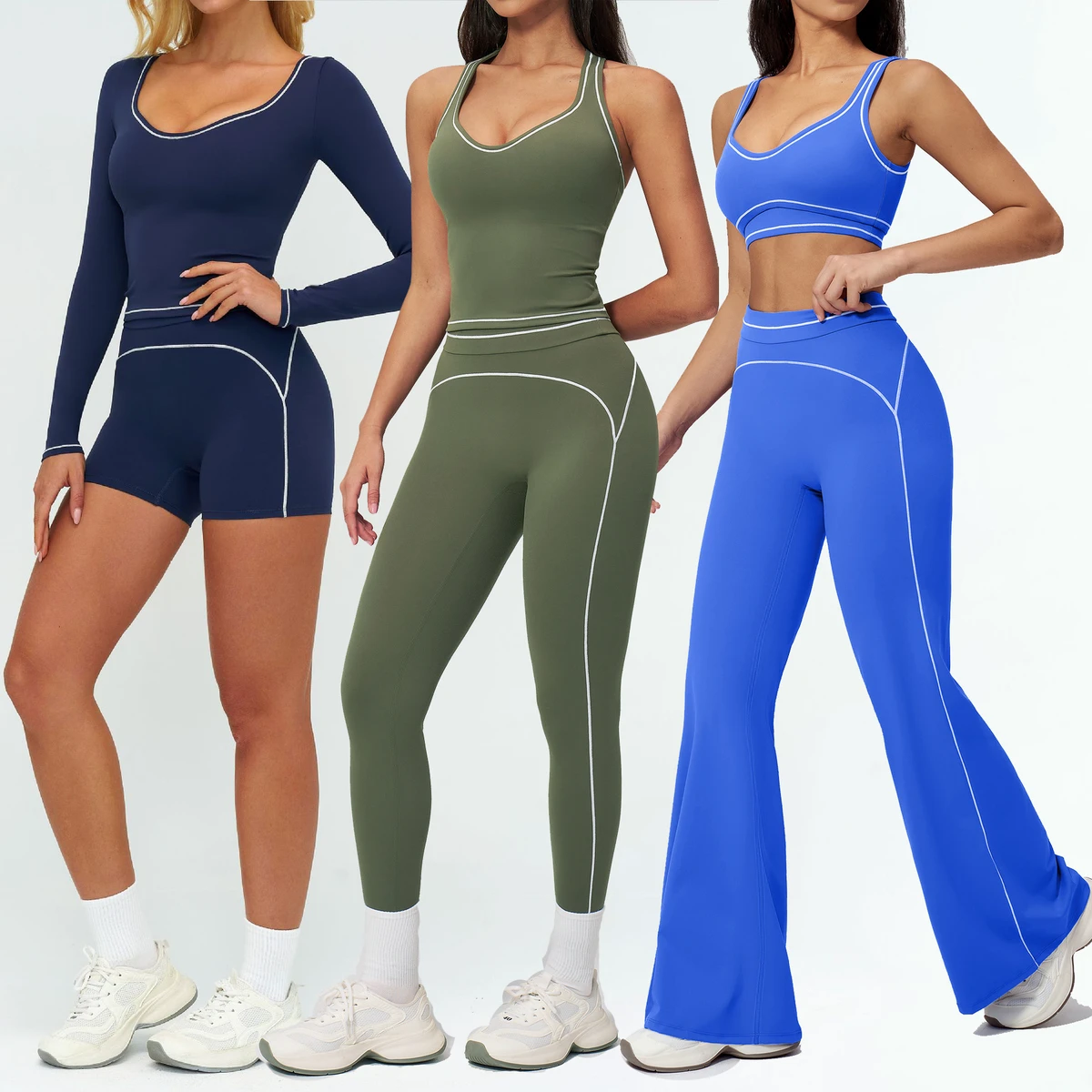 YIYI Wholesale Contrast Piping 3 Design Top Gym Fitness Sets Girl High Waist Athletic Set 6pcs Workout Suit Yoga Wear Sportswear