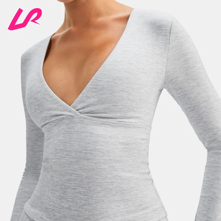 Wholesale High Quality Women's Breathable Flexible Recycled Nylon/Cotton Long Sleeve Top Wrap Front V Neck Gym Fitness Yoga