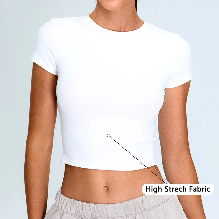 Wholesale Women's Gym Workout Stretchy Bodycon Basic Tee Tops Crewneck Slim Fitted Short Sleeve Longline T-Shirt