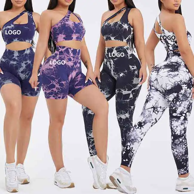 New Tie Dye Seamless One Shoulder Sports Bra High Waist Shorts Scrunch Butt Leggings 3pcs Yoga Suits Quick Drying Yoga Set