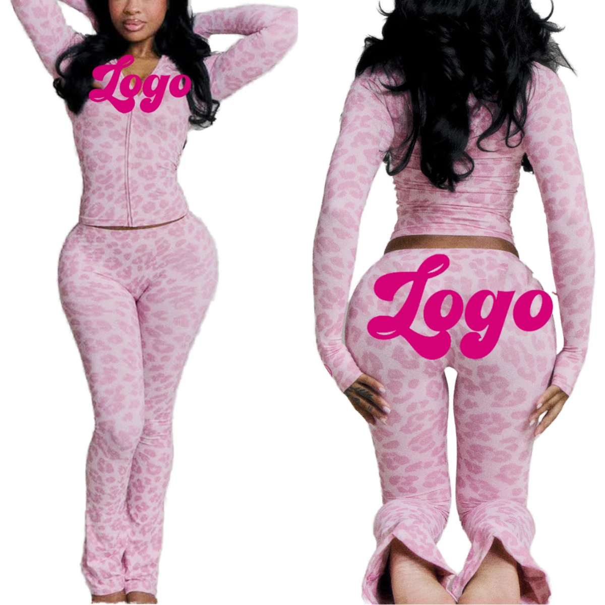 2 Piece Set for Women Leopard Print Fitness Yoga Sets Zip Hoodies Jacket Flared Pants Set Sexy Sportswear Women's Clothing
