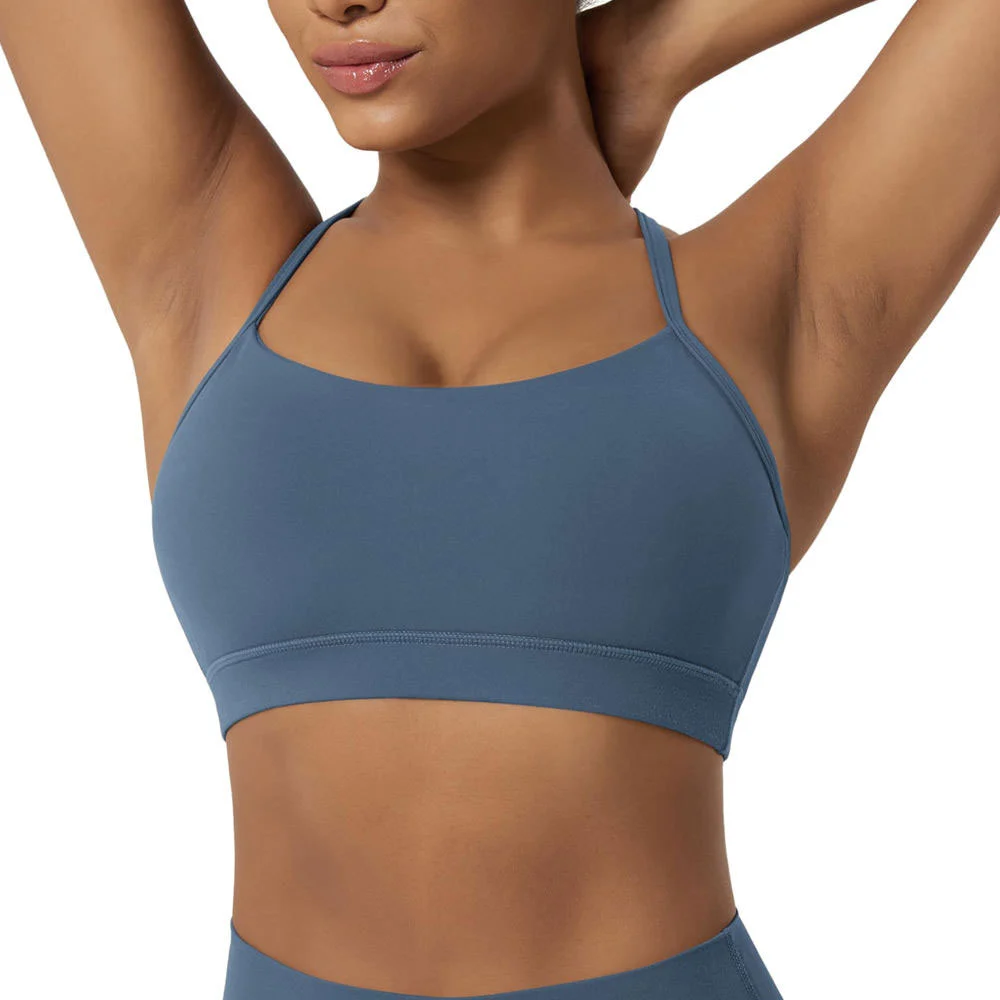 Women Seamless Square Neck Sports Bra Medium Support Spaghetti Strap Solid Color Yoga Activewear Blue