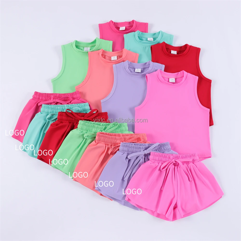 Girls Yoga Sports Set Summer High Elasticity Sleeveless Tank Double Layer Shorts Custom Print Hot New
