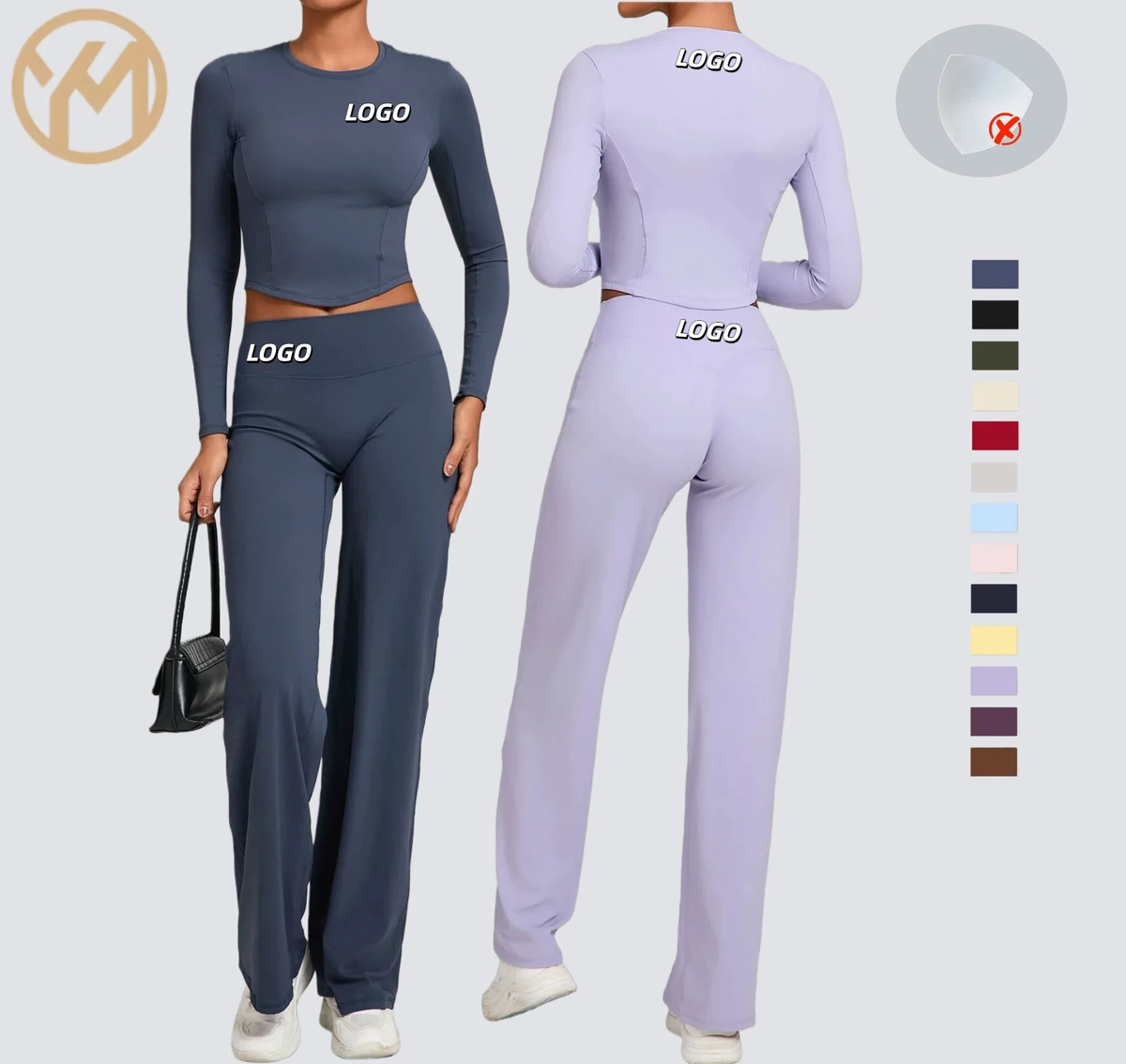 Yimo Women Long Sleeve High Waist Yoga Set Lady Solid Color Loose Pants Fitness Suit Female High Elasticity Gym Set