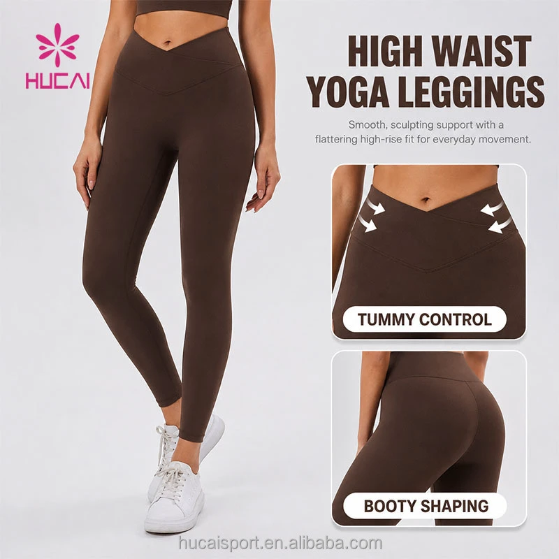 ODM HUCAI Custom No Front Seam Contour Women's V-Waist Gym Fitness Yoga Pant Adjustable High Waisted Fitness Workout Leggings