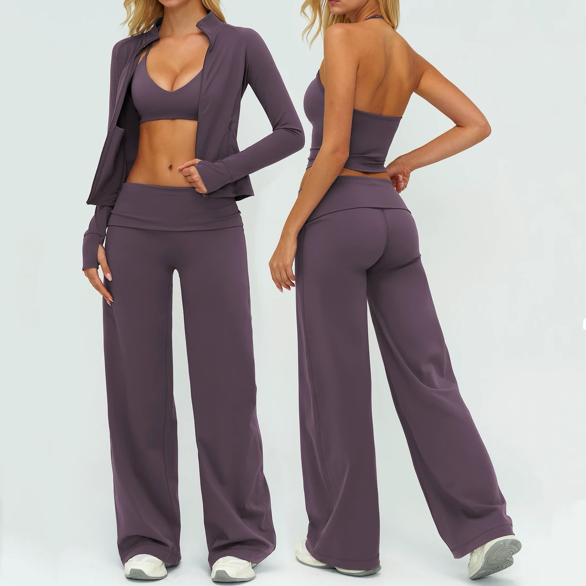 YanRuo Cross-Border Breathable Wrinkle-Resistant Solid Brushed Spandex/Nylon Yoga Set 2-Piece Loose Casual Fashion Women Outdoor