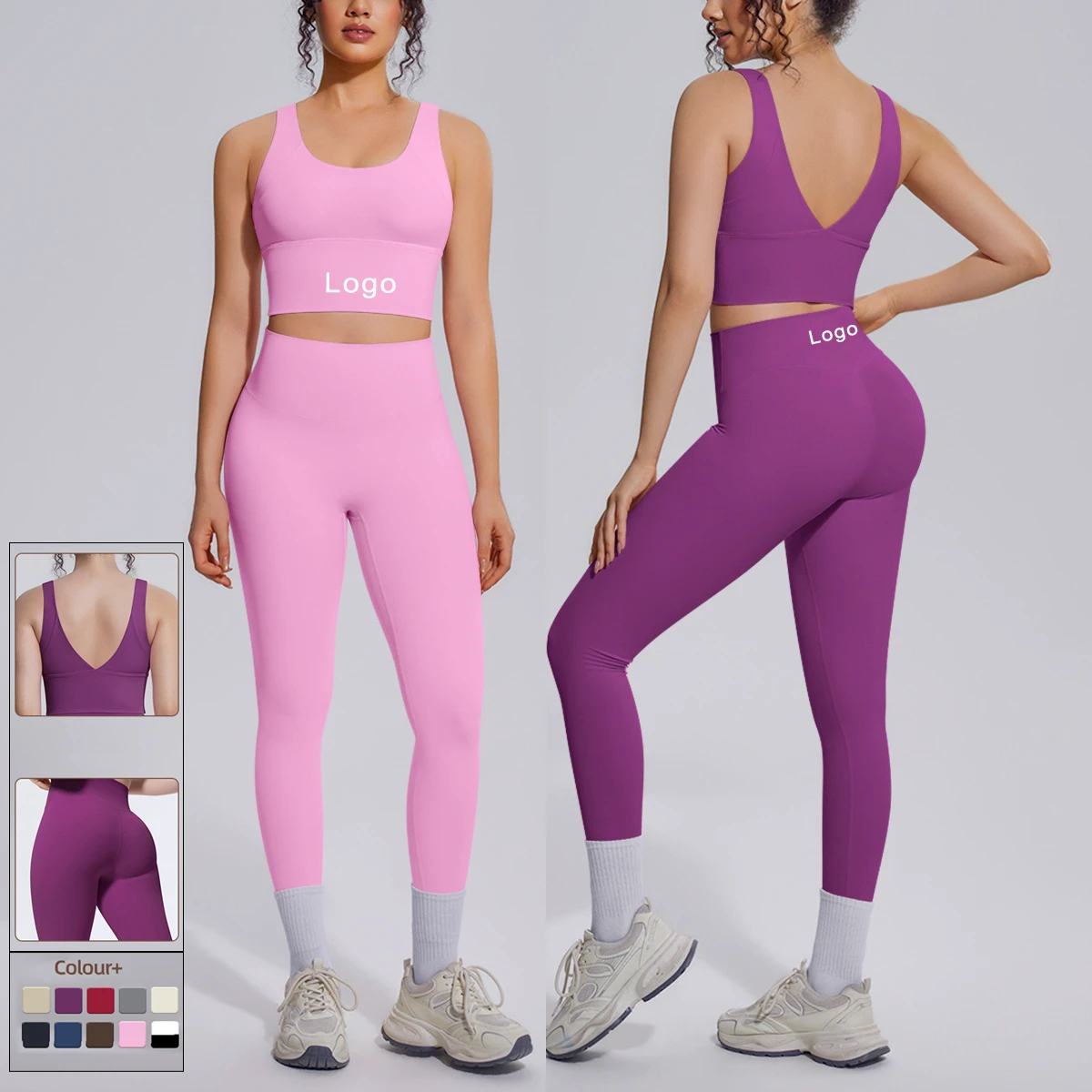 Solid Color Double-sided Brocade V-back Breathable Tight Yoga Suit Sports Running Fitness Two-piece Suit Women