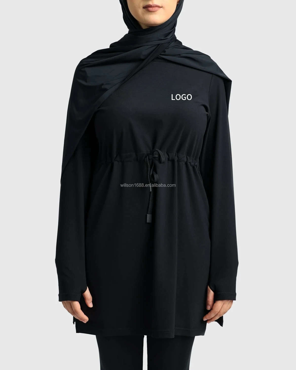 Modest Active Top With Drawstring Thumbholes Lightweight Breathable Polyester Fabric Plus Size Length Cover Gluts