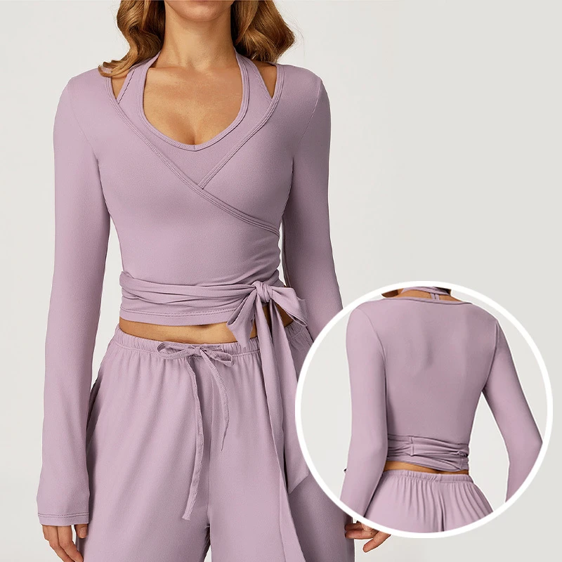 Roregal Outdoor Sports Fitness Brushed Yoga Long Sleeved One-Piece Wrap Yoga Long Sleeve Top for Gym Running