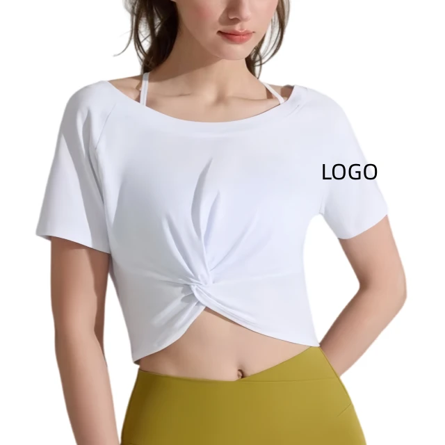 New Custom AL Summer Women's Sexy Twisted Pattern Top Solid Color T-shirt Short Sleeved Fitness Yoga Quick Drying Sports Shirt