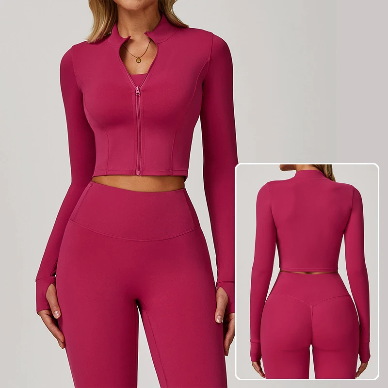 Roregal Fast Drying Yoga Jacket Outdoor Women Stand Collar Zipper Long Sleeve Sports Tops