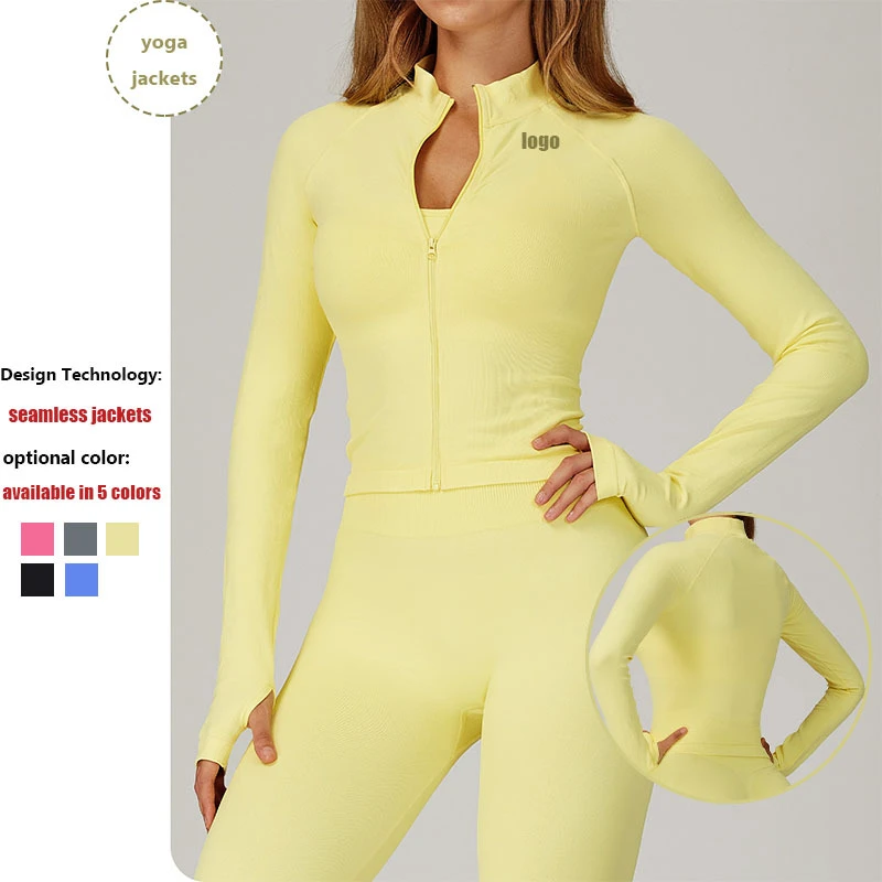 Seamless With Stand up Collar and Zip Windproof Slim Fitting Warm Women'S Sports Running Outdoor Yoga Tops