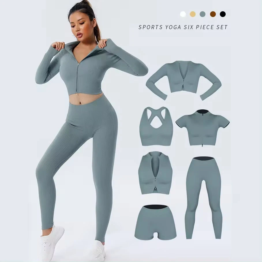 Women Ribbed Yoga 6 Piece Set High Waist Leggings Sports Bra Seamless Zipper Full Length Solid Workout Outfits Costum Logo