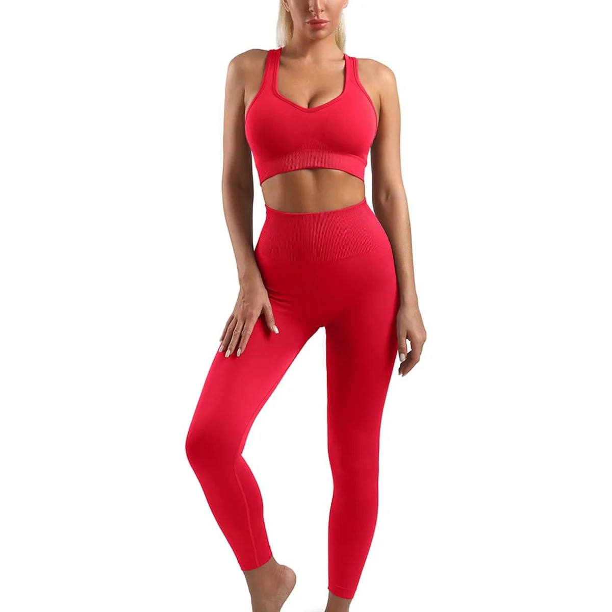 Women's Two-Piece Workout Set Spandex/Nylon Breathable Seamless Sports Bra Solid Leggings Elastic Waist Compression for Yoga Gym