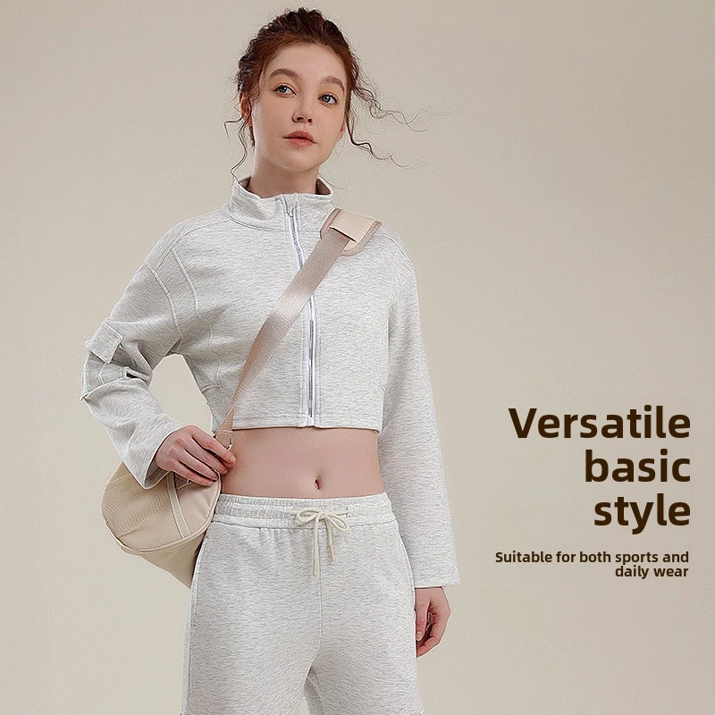 Women's Autumn Winter Sports Fitness Two-piece Jogger Set Stand Collar Loose Fit Moisture Wicking Ankle-Length Sweater Yoga Suit