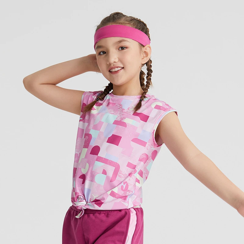 Roregal Custom Logo OEM Girls Yoga Tank Top Breathable Round Neck Knotted Hem Vest for Kids Daily Outdoor