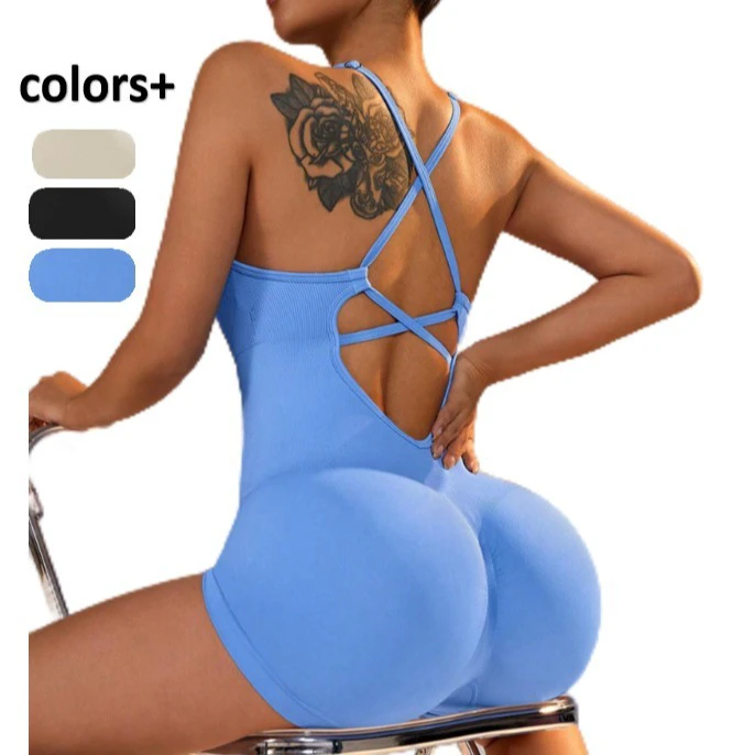 2024 Hot Sexy Cross Straps Backless Scrunch Butt Lift Seamless Gym Sports Women One Piece Yoga Short Jumpsuits