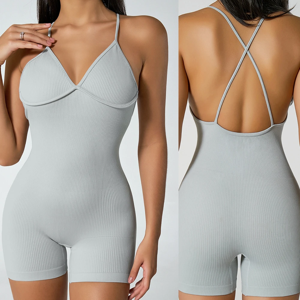 New Arrival Open Back Strap Fashion V Neck One Piece Yoga Jumpsuit Hip Lift High Elastic Tight Cross Strap Sports Fitness Wear