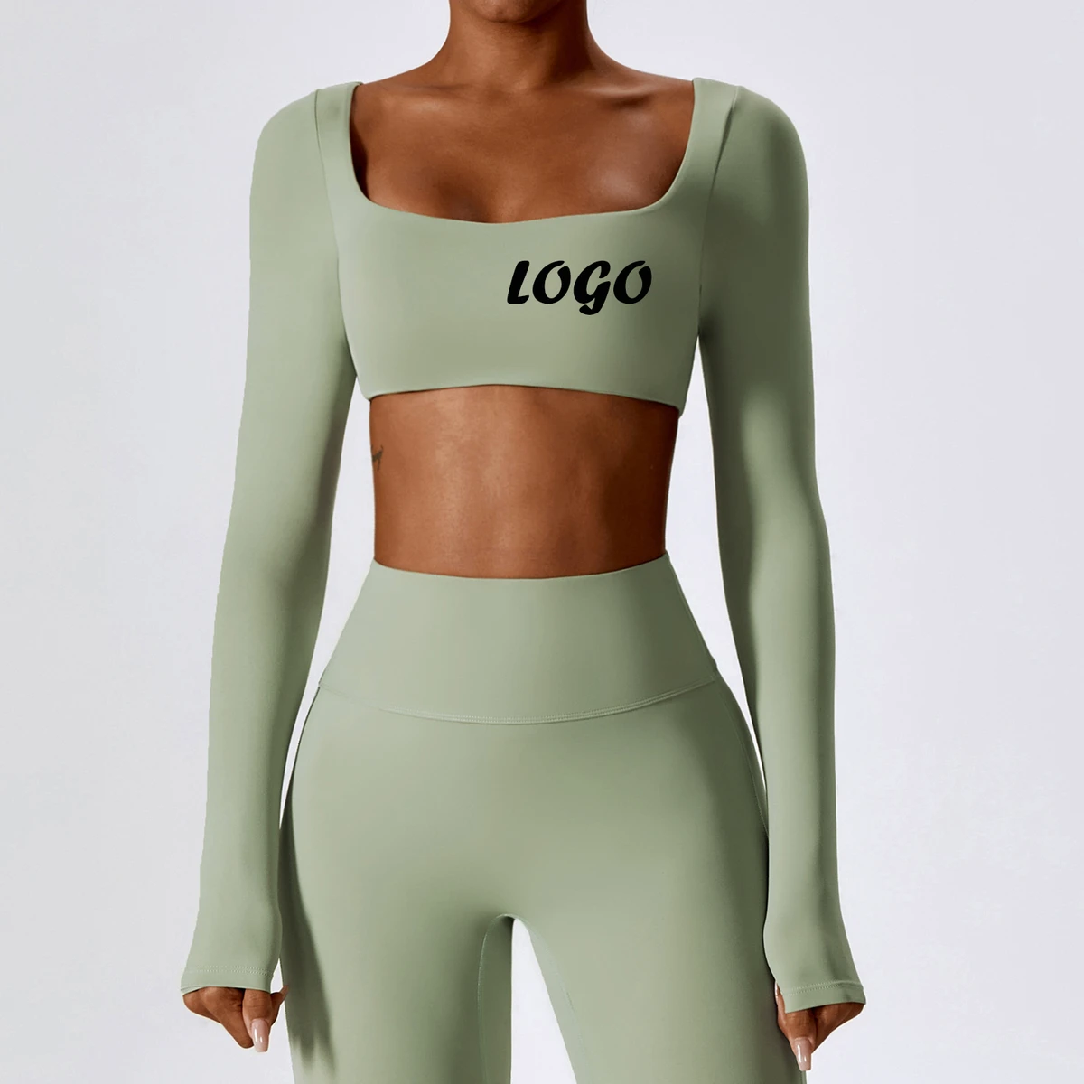 2026 Nylon Spandex Outdoor Running Sports Sexy Nude Square Neck Long Sleeved Yoga T-shirt Quick Drying Tight Fitting Yoga Top
