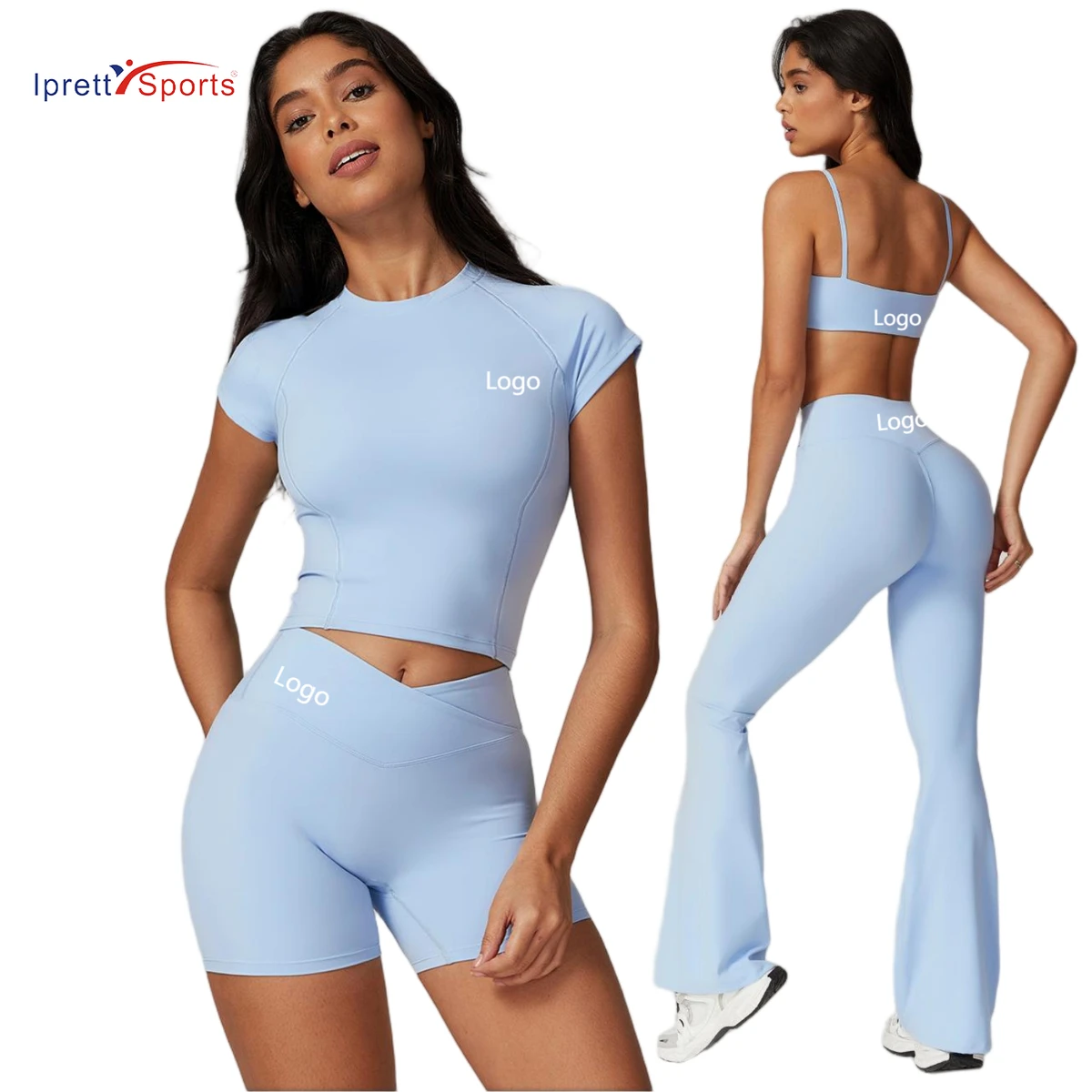 Custom Eco Friendly Recycled Yoga 4 Piece Sets Activewear High Elastic Sports Bra Yoga Tops Butt Lift Leggings Women Workout Set