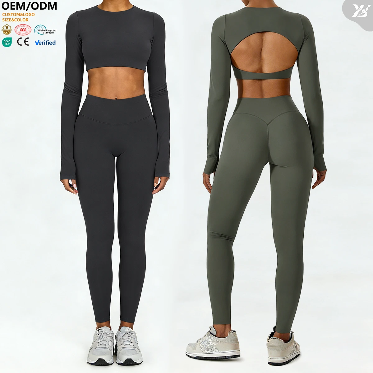 XIAOWEI Women Cutout Back Yoga Set Long Sleeve Crop Top High Waist Butt Lifting Leggings Breathable Front Buttery Soft Quick Dry