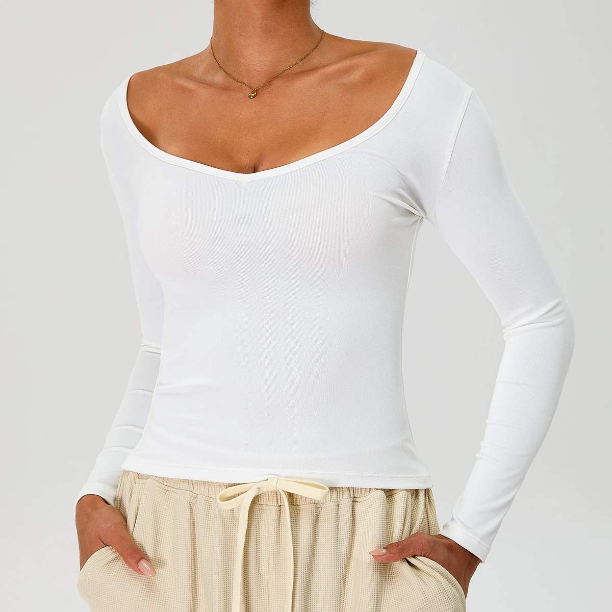 Women's Fine Ribbed Yoga Top Long Sleeve V Neck Slim Fit Breathable Sweat-Wicking Quick Dry Workout Sports Wear