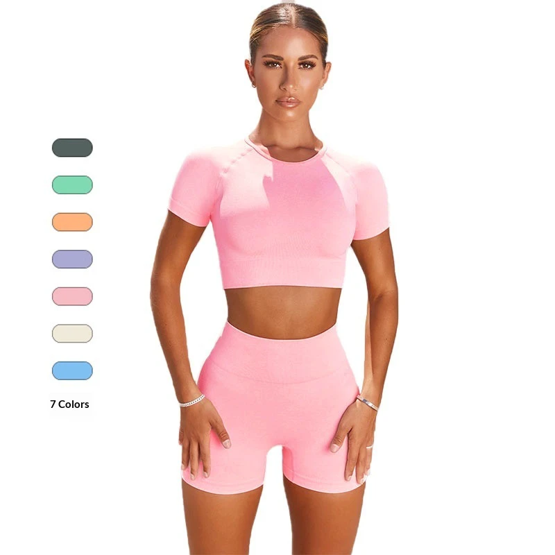 Seamless Spandex/Nylon Yoga Short-Sleeved Women's Moisture-Wicking Quick-Drying Sports Top Solid Color High Elastic Tight Simple