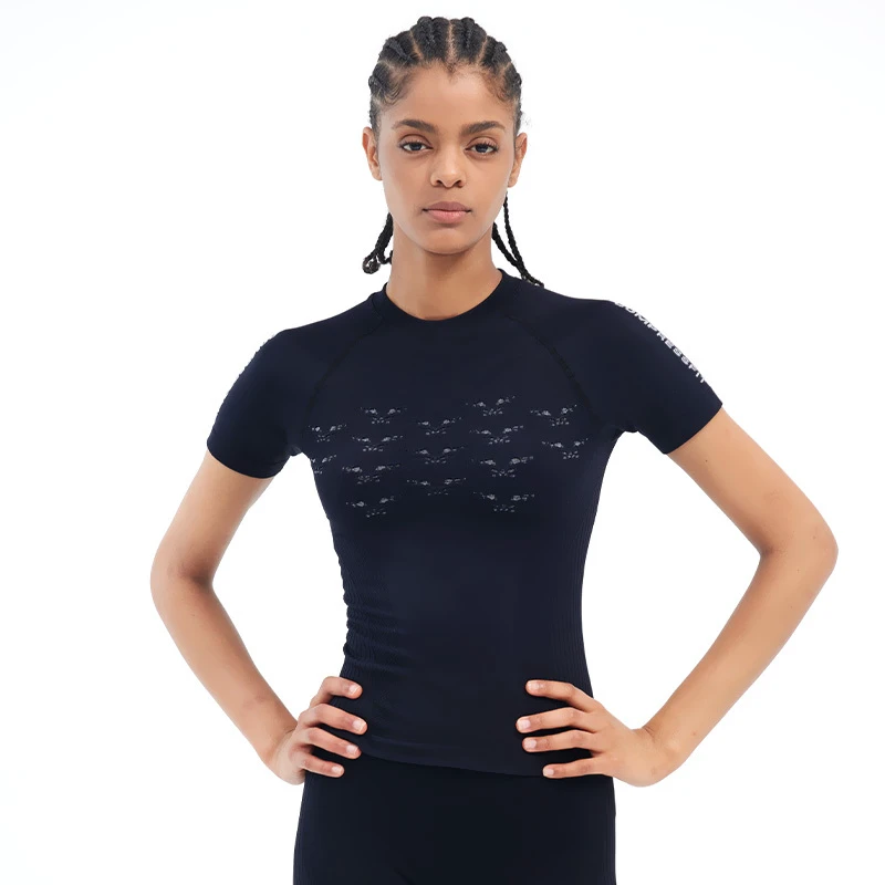 GJ YJ03 Custom Logo Seamless Lightweight Regular Fit Round Neck T-shirt Gym Sports Wear Yoga Top for Women